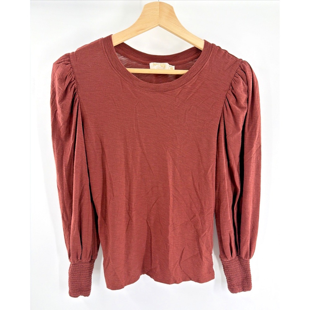Nation LTD Loren Pima Cotton Smocked Long Sleeve Tee Puff Sleeve Rust Fall XS